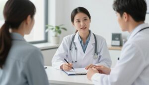 Médico endocrinologista explicando plano de tratamento para paciente