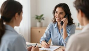 Pessoa agendando consulta médica por telefone com atendimento cordial