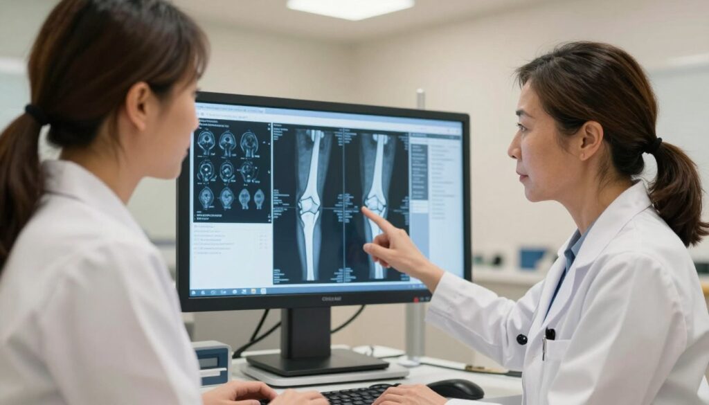 A clinical setting focused on diagnosing knee pain, featuring a doctor in professional attire examining a detailed MRI scan of a knee on a digital display. In the foreground, the doctor, a middle-aged woman with a compassionate expression, points to specific areas of the scan, emphasizing clarity and focus on knee anatomy. The middle ground shows the digital imaging equipment and charts related to knee conditions. The background contains neutral-toned walls and soft, overhead lighting, creating a calm and professional atmosphere. The image reflects a sense of professionalism and care, suitable for a medical article. Include the brand name "Clínica Azzi" subtly in the setting. A clinical setting focused on diagnosing knee pain, featuring a doctor in professional attire examining a detailed MRI scan of a knee on a digital display. In the foreground, the doctor, a middle-aged woman with a compassionate expression, points to specific areas of the scan, emphasizing clarity and focus on knee anatomy. The middle ground shows the digital imaging equipment and charts related to knee conditions. The background contains neutral-toned walls and soft, overhead lighting, creating a calm and professional atmosphere. The image reflects a sense of professionalism and care, suitable for a medical article. Include the brand name "Clínica Azzi" subtly in the setting.