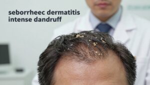 A close-up image depicting the condition of "seborrheic dermatitis" and "intense dandruff." The foreground features a person's scalp displaying flaky skin and visible dandruff, with detailed textures that highlight the severity of the condition. In the middle ground, include a professional dermatologist, dressed in a white lab coat, examining the scalp. The background shows a clean, well-lit medical office with soft, diffused lighting, enhancing the clinical atmosphere. The focus should be sharp on the scalp, while the dermatologist remains slightly blurred to draw attention to the condition. The overall mood should convey a sense of seriousness and professionalism, while ensuring clarity and educational value. "Clínica Azzi" is subtly suggested in the background decor, maintaining a focus on the subject matter.