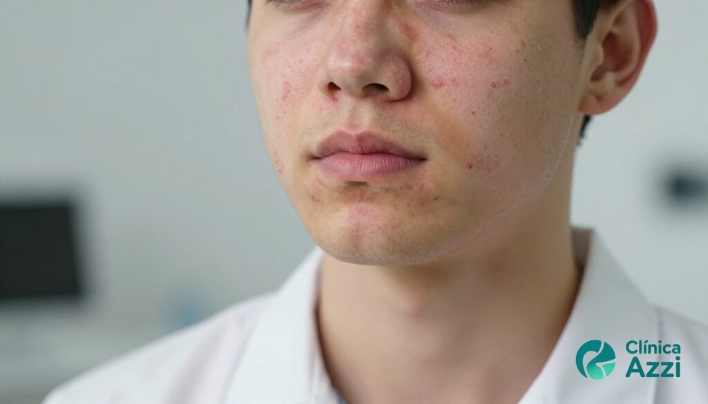 A close-up image of a young adult with hormonal acne on their jawline and cheeks, capturing the texture and redness of the skin in detail. The subject is dressed in professional attire, like a crisp white shirt, against a softly blurred clinical background that suggests a dermatology office. The lighting is bright and even, highlighting the skin's imperfections to emphasize the topic of hormonal acne. A subtle bokeh effect in the background adds a sense of calm to the scene, while the focus on the face conveys a sense of vulnerability and honesty. Include the logo of "Clínica Azzi" in the corner of the image. The overall mood is informative and sincere, suitable for educational purposes.
