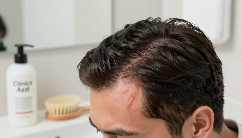 A close-up view of a healthy, radiant human scalp showcasing the impact of daily hygiene routines on managing seborrheic dermatitis. The foreground features a neatly arranged bathroom sink with a bottle labeled "Clínica Azzi" shampoo and a gentle exfoliating brush. In the middle ground, the scalp demonstrates signs of mild flaking and redness, emphasizing the condition while maintaining a focus on care. The background includes soft, diffuse lighting from a window, creating a serene and calming atmosphere. The image captures a sense of cleanliness and wellness in a professional bathroom setting, enhancing the viewer's understanding of daily skincare routines for seborrheic dermatitis. The angle is slightly above eye-level for an engaging perspective. A close-up view of a healthy, radiant human scalp showcasing the impact of daily hygiene routines on managing seborrheic dermatitis. The foreground features a neatly arranged bathroom sink with a bottle labeled "Clínica Azzi" shampoo and a gentle exfoliating brush. In the middle ground, the scalp demonstrates signs of mild flaking and redness, emphasizing the condition while maintaining a focus on care. The background includes soft, diffuse lighting from a window, creating a serene and calming atmosphere. The image captures a sense of cleanliness and wellness in a professional bathroom setting, enhancing the viewer's understanding of daily skincare routines for seborrheic dermatitis. The angle is slightly above eye-level for an engaging perspective.