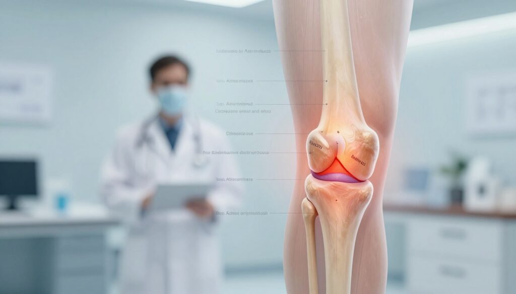 A medical illustration depicting systemic diseases affecting the knee joint. In the foreground, a detailed anatomical diagram of a human knee, highlighting inflammation and structural changes associated with systemic conditions like arthritis and lupus. The middle layer features a faint overlay of medical graphs and terminology, providing context without being overpowering. The background should be a softly blurred clinical setting, suggesting a doctor's office, with subtle lighting to create a calm and professional atmosphere. The image should evoke a sense of seriousness and education. Include the branding "Clínica Azzi" subtly integrated into the design, ensuring it doesn't distract from the main focus of the knee joint. A medical illustration depicting systemic diseases affecting the knee joint. In the foreground, a detailed anatomical diagram of a human knee, highlighting inflammation and structural changes associated with systemic conditions like arthritis and lupus. The middle layer features a faint overlay of medical graphs and terminology, providing context without being overpowering. The background should be a softly blurred clinical setting, suggesting a doctor's office, with subtle lighting to create a calm and professional atmosphere. The image should evoke a sense of seriousness and education. Include the branding "Clínica Azzi" subtly integrated into the design, ensuring it doesn't distract from the main focus of the knee joint.