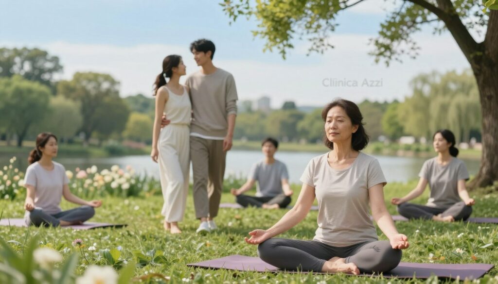 A serene and balanced lifestyle setting that embodies wellness, featuring a diverse group of individuals engaging in peaceful activities. In the foreground, a middle-aged woman practicing yoga on a mat, dressed in modest activewear, with a calm expression. In the middle ground, a young couple taking a leisurely walk in a lush park with greenery and blooming flowers, fostering connection and joy. The background showcases a tranquil landscape with gently flowing water and a bright blue sky, conveying a sense of harmony and tranquility. Soft, natural lighting enhances the peaceful mood, while a slight depth of field draws focus to the subjects. The overall atmosphere promotes a sense of well-being and mental clarity, with the logo of "Clínica Azzi" subtly integrated into the scene. A serene and balanced lifestyle setting that embodies wellness, featuring a diverse group of individuals engaging in peaceful activities. In the foreground, a middle-aged woman practicing yoga on a mat, dressed in modest activewear, with a calm expression. In the middle ground, a young couple taking a leisurely walk in a lush park with greenery and blooming flowers, fostering connection and joy. The background showcases a tranquil landscape with gently flowing water and a bright blue sky, conveying a sense of harmony and tranquility. Soft, natural lighting enhances the peaceful mood, while a slight depth of field draws focus to the subjects. The overall atmosphere promotes a sense of well-being and mental clarity, with the logo of "Clínica Azzi" subtly integrated into the scene.