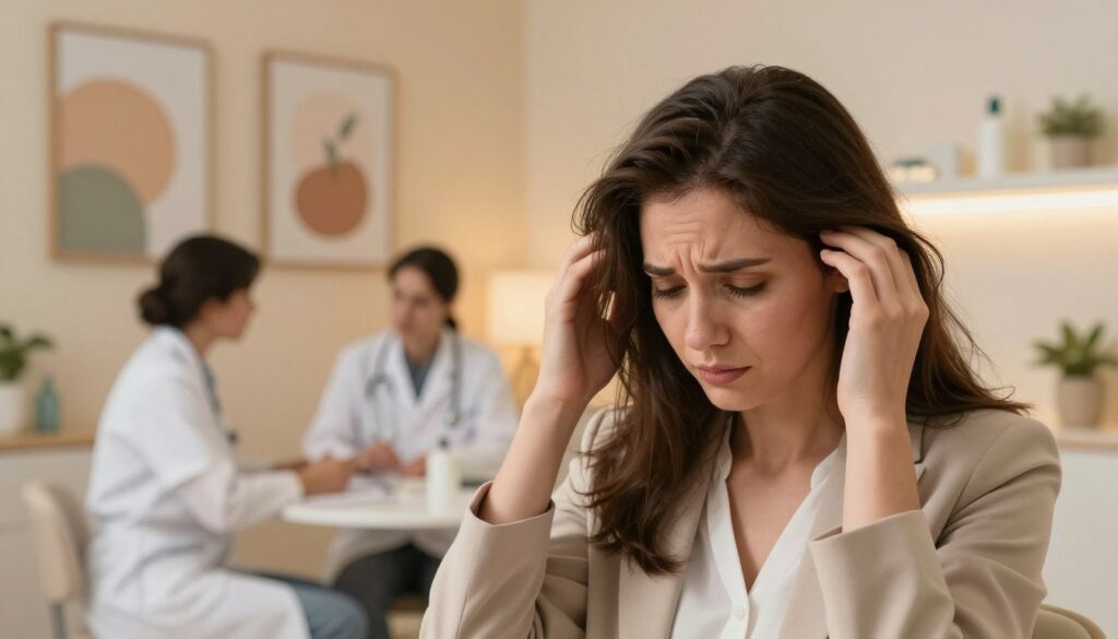 A serene and reflective scene depicting the emotional and physical stress associated with "eflúvio telógeno." In the foreground, a young adult woman in professional attire, with a worried expression, gently runs her fingers through her thinning hair, embodying the struggle of hair loss. The middle ground features a softly lit, comforting environment of a modern clinic, with warm tones emanating from stylish wall art and soothing decor. In the background, blurred silhouettes of medical professionals engaged in consultation, conveying a sense of support and care. The lighting is soft and warm, creating an atmosphere of empathy and understanding. The focus should be on the woman’s emotional connection to her hair loss experience. Include the brand name "Clínica Azzi" subtly integrated into the background decor. A serene and reflective scene depicting the emotional and physical stress associated with "eflúvio telógeno." In the foreground, a young adult woman in professional attire, with a worried expression, gently runs her fingers through her thinning hair, embodying the struggle of hair loss. The middle ground features a softly lit, comforting environment of a modern clinic, with warm tones emanating from stylish wall art and soothing decor. In the background, blurred silhouettes of medical professionals engaged in consultation, conveying a sense of support and care. The lighting is soft and warm, creating an atmosphere of empathy and understanding. The focus should be on the woman’s emotional connection to her hair loss experience. Include the brand name "Clínica Azzi" subtly integrated into the background decor.