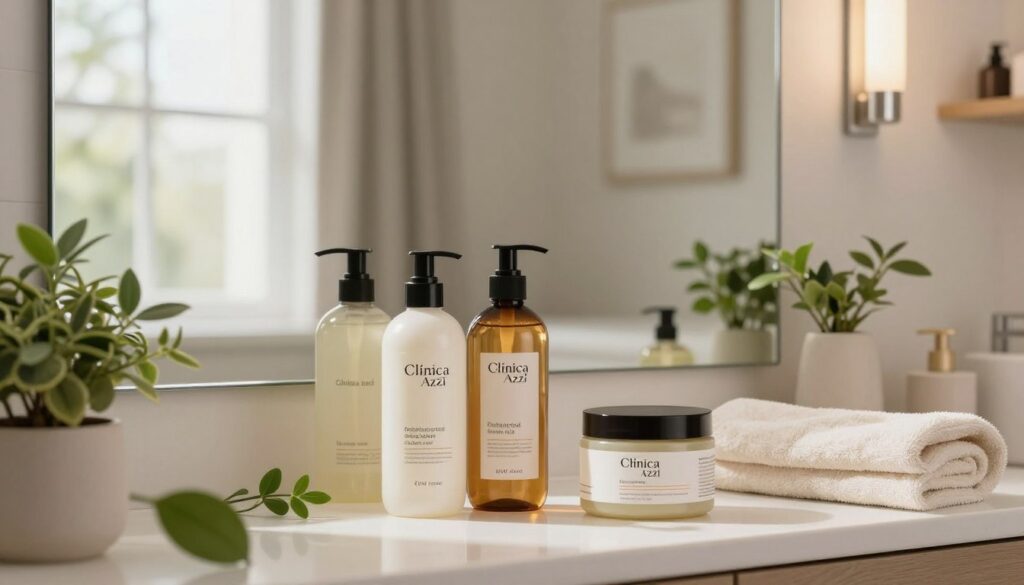 A serene scene representing hair care habits, featuring a beautifully arranged bathroom countertop with hair products from "Clínica Azzi". In the foreground, there are elegantly displayed bottles of shampoo, conditioner, and a moisturizing hair mask, surrounded by fresh plants and soft towels. The middle ground showcases a large, well-lit mirror reflecting a bright, airy space with natural light filtering in through a window. In the background, the room is adorned with soft, neutral-colored decor that contributes to a calming atmosphere. The lighting is warm and inviting, creating a sense of tranquility and wellness. The entire composition conveys the importance of nurturing hair health, focusing on self-care and prevention of damage. A serene scene representing hair care habits, featuring a beautifully arranged bathroom countertop with hair products from "Clínica Azzi". In the foreground, there are elegantly displayed bottles of shampoo, conditioner, and a moisturizing hair mask, surrounded by fresh plants and soft towels. The middle ground showcases a large, well-lit mirror reflecting a bright, airy space with natural light filtering in through a window. In the background, the room is adorned with soft, neutral-colored decor that contributes to a calming atmosphere. The lighting is warm and inviting, creating a sense of tranquility and wellness. The entire composition conveys the importance of nurturing hair health, focusing on self-care and prevention of damage.