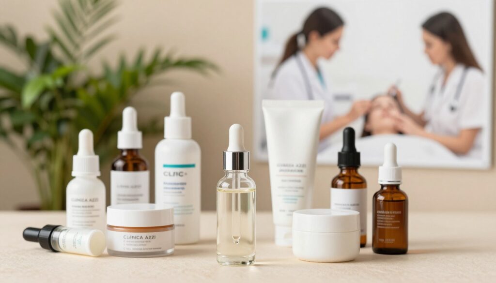 A well-organized image showcasing topical treatments for hormonal acne, featuring a variety of elegantly arranged skincare products such as serums, creams, and gels. In the foreground, highlight a clear glass bottle of a serum with an elegant dropper, surrounded by modern, stylish containers of topical creams. In the middle, include a backdrop of soft green plants and soothing textures to create a calming atmosphere. In the background, softly blurred images of a professional skincare consultation at Clínica Azzi, with a healthcare provider discussing these treatments with a patient. Use warm, natural lighting to enhance the feeling of wellness and clarity, with a slightly overhead angle to capture the depth and variety of treatments available.