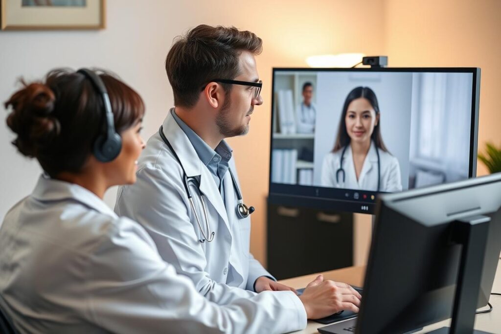 Psiquiatra em teleconsulta atendendo paciente Omint com tecnologia moderna
