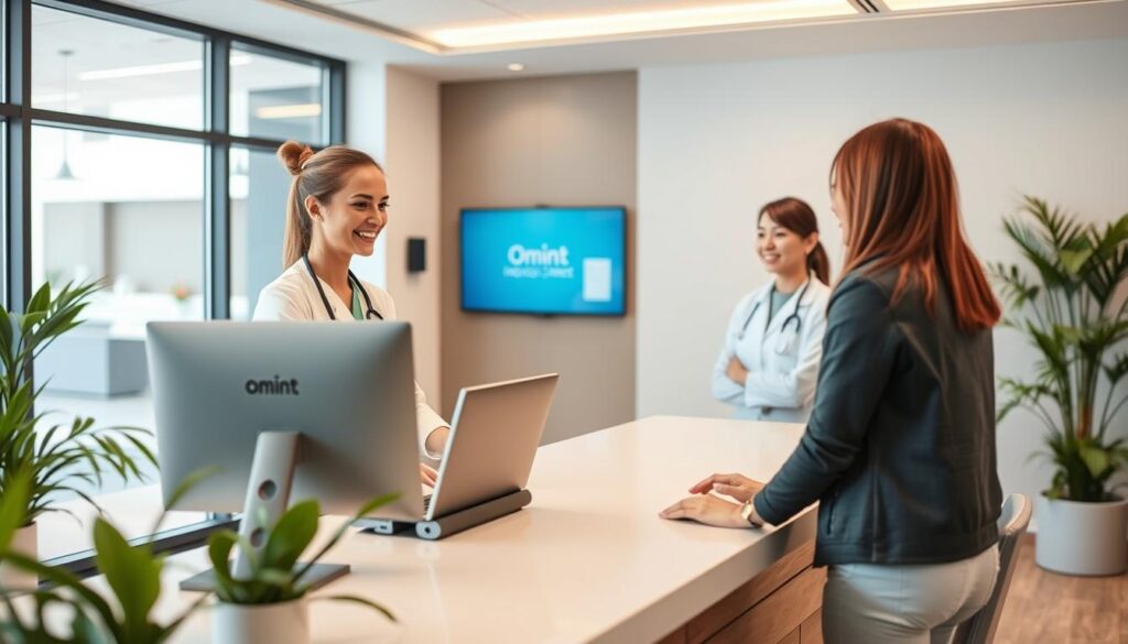 Recepção moderna da Clínica Azzi com atendente verificando convênio Omint
