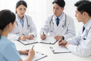Reunião de equipe médica discutindo caso
